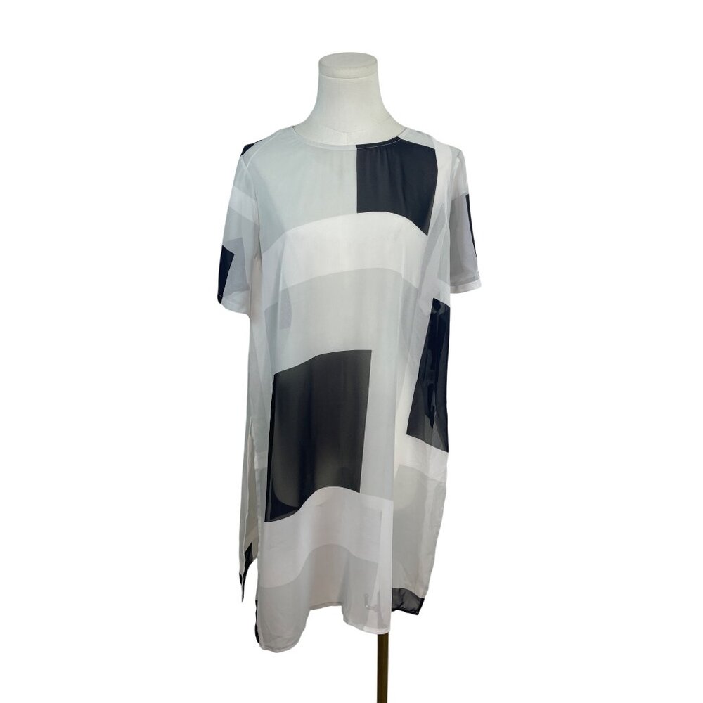 Vince Camuto Geometric Print Sheer Tunic Top White Black Short Sleeve Size L- Ne